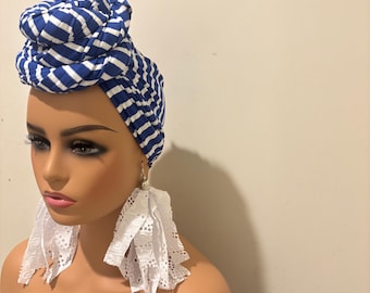 Blue and white stripes jersey fabric Headwrap: Stretchy Turban Scarf for natural and locs