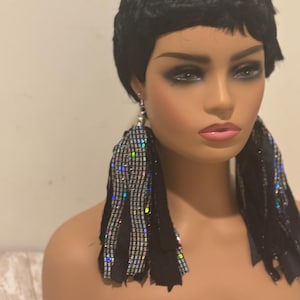 Black Metallic Fringe Earrings: Handmade Shredded Cloth Statement Earrings
