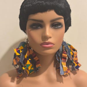 Denim Kente Cloth Fringe Earrings: Handmade Statement Earrings