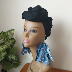 Denim and Fabric Fringe Earrings shredded  cloth Earrings Bold light weight Statement earrings, Mixed fabric Earrings