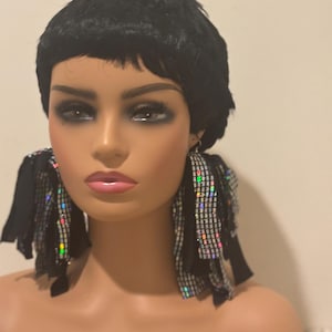 Black Metallic Fringe Earrings: Handmade Shredded Cloth Statement Earrings