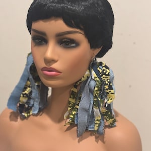 Camouflage and denim Fabric Fringe Earrings: Handmade Shredded African Cloth Statement Earrings