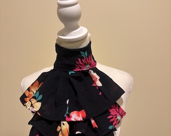 Floral Fabric Jabot  Bib Necklace -  High neck detachable  collar floral black neck dress