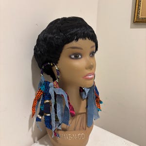 Denim Fringe Earrings: Polka Dot Ankara Fabric, Shredded Cloth Statement Earrings