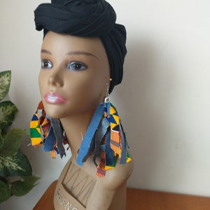 Denim and Kente Fabric Fringe Earrings shredded  cloth Earrings Bold light weight Statement earrings, Mixed fabric Earrings