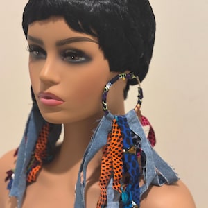 Denim Fringe Earrings: Polka Dot Ankara Fabric, Shredded Cloth Statement Earrings