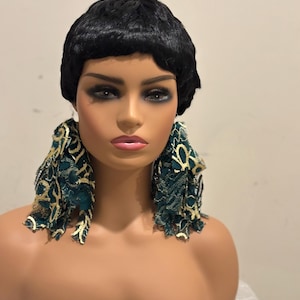 Green and Gold Lace Fabric Fringe Earrings: Lightweight Statement Jewelry