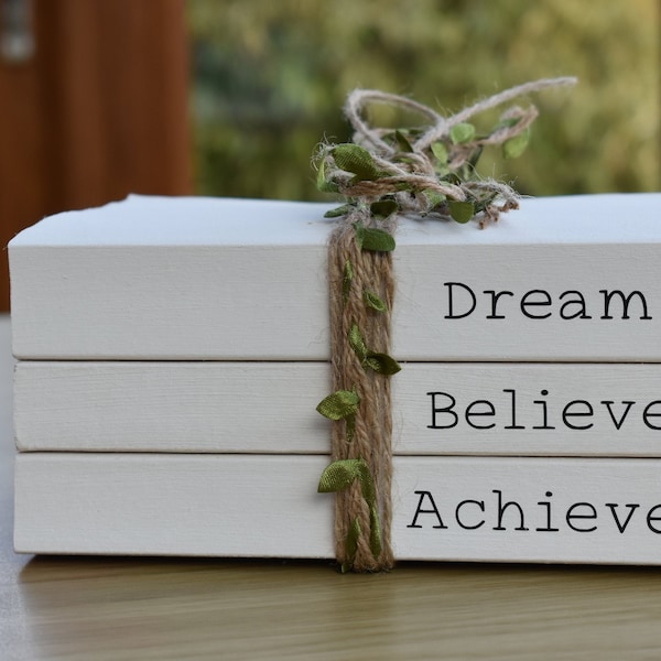 Custom quote book set, personalised book bundle, white painted book, decorative books, dream believe achieve, book stack, inspirational gift