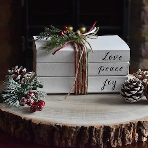 Love Peace Joy stamped book stack, Christmas centrepiece, Rustic Christmas decor, Farmhouse Christmas gifts, Personalised ornaments