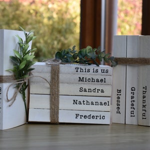 Personalised decorative books, rustic book stack, stamped family names, farmhouse shelf decor