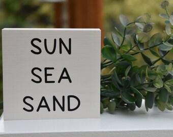 Sun Sea Sand mini painted sign, summer tiered tray decor, farmhouse wood sign, rustic shelf decor