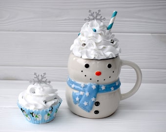 Snowman mug and topper, faux Christmas cupcake, Christmas tier tray, Winter kitchen decor, Snowflake decor, Winter tier tray, Snowman decor