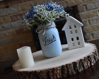 Blue painted mason vase, Rustic distressed mason jar with faux flowers , Farmhouse table decor, Vintage shelf decor, Shabby chic home gifts