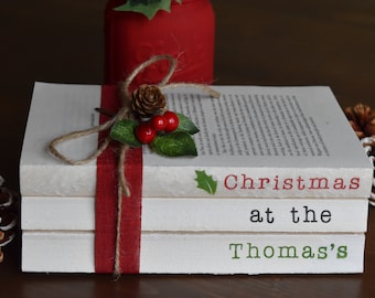 Personalised Christmas book stack, Custom stamped books, Personalised Christmas gifts, Custom family name books, Rustic decorative books