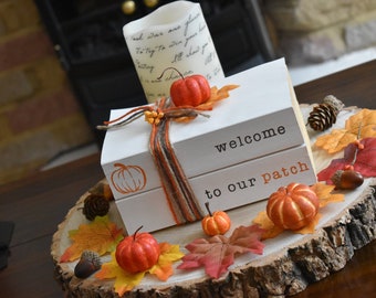 Welcome to our patch, painted decorative books, rustic autumn decor, stamped book stack, fall home decor, pumpkin decor, farmhouse gifts