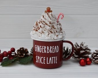 Christmas faux whipped cream mug topper, Gingerbread spice latte fake drink, Farmhouse Christmas tiered tray, Hot chocolate station decor