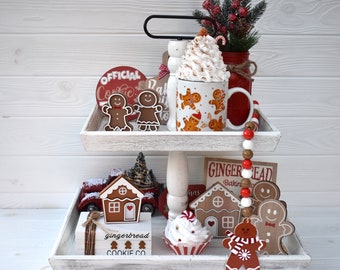 Gingerbread tier tray set, Farmhouse Christmas tiered tray bundle, Gingerbread man decor, Hot chocolate station, Gingerbread mug topper