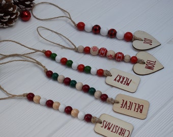 Mini Christmas bead garland with tag, Christmas tiered tray, Christmas farmhouse beads, Christmas stocking filler gifts, Rae Dunn Christmas