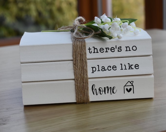 There's no place like home book stack, personalised book set, custom book bundle, white painted book, stamped decorative books, rustic shelf