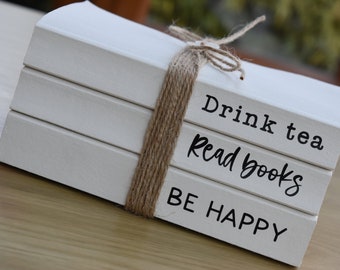 Personalised books with quote, white decorative books, stamped book stack, farmhouse decorative sign, custom rustic sign, coffee table book