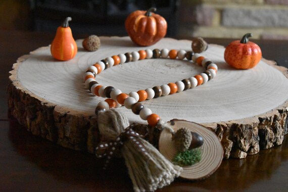 Fall Wood Bead Garland, Farmhouse Beads, Wooden Bead Garland