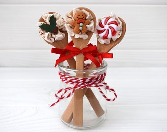 Christmas faux whipped cream spoons, Hot chocolate station decor, Christmas tiered tray decor, Farmhouse Christmas kitchen decor gifts