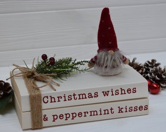 Christmas book stack, Christmas wishes & peppermint kisses, Christmas tiered tray decor, Hot chocolate station decor, Farmhouse tray books