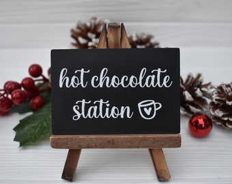 Hot chocolate station sign, Christmas tiered tray, Hot chocolate decor, Farmhouse Christmas kitchen table decor, Mini hot cocoa shelf sign