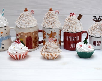 Christmas faux drinks, fake Christmas cupcake, Christmas tiered tray, Hot chocolate station decor, Christmas photo props, Christmas Rae Dunn