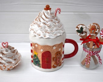 Gingerbread faux whipped cream mug topper, fake Christmas cupcake, Christmas tray spoon, Rae Dunn Christmas tier tray, Hot chocolate station