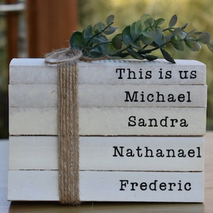 Personalised book stack, books with names, farmhouse books, rustic shelf decor