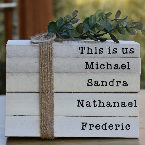 Personalised book stack, books with names, farmhouse books, rustic shelf decor