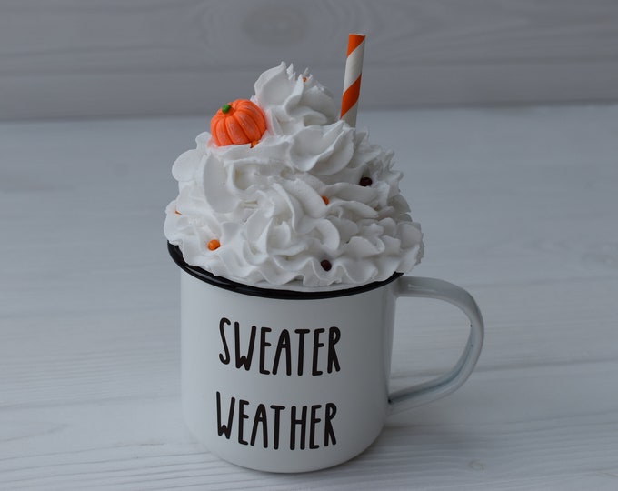 Sweater weather mug and topper, faux whipped cream topper, Autumn tiered tray decor, Coffee station, Personalised enamel mug, Rae Dunn mugs