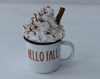 Hello Fall MINI mug and topper, fake whipped cream topper, Autumn tiered tray decor, Coffee station, Personalised enamel mug, Rae Dunn fall