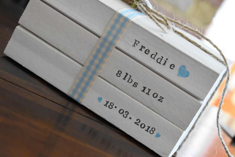 Personalised New Baby Boy Gift, Custom Baby Name Date Book Stack, Farmhouse Nursery Signs, Baby Shower Decorative Books, Rustic Shelf Decor image 3