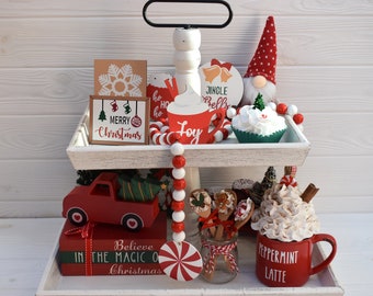 Christmas tiered tray set, Farmhouse Christmas tier tray bundle, Mini Christmas tree, Hot chocolate station, Christmas mug fake cream topper