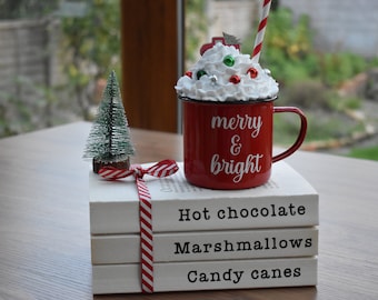 Christmas book stack, Hot chocolate station decor, Farmhouse kitchen decor, Christmas tiered tray decor, Festive shelf decor, Coffee table