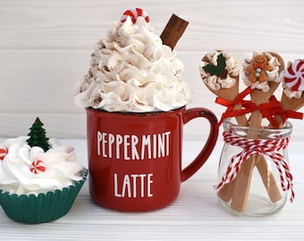 Peppermint latte fake drink, faux Christmas cupcake, Hot chocolate station prop, Rae Dunn mug, Christmas tier tray, Christmas kitchen decor