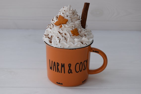 Warm & Cosy mug and topper, fake whipped cream topper, Autumn tiered tray decor, Coffee station, Personalised orange mugs, Rae Dunn mugs