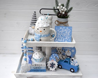 Winter tier tray bundle, Snowman tiered tray decor set, Snowflake decor, Faux whipped cream mug topper, Farmhouse Christmas decor gifts
