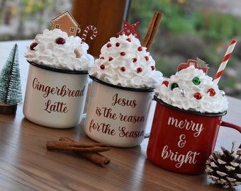 Christmas mug and faux whipped cream topper, Hot Chocolate station decor, Christmas tiered tray decor, Farmhouse Christmas personalised gift