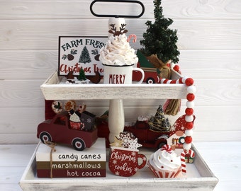 Christmas tiered tray set, Candy cane decor, Farmhouse Christmas truck, Hot chocolate station decor, Christmas tree decor, Xmas bead garland