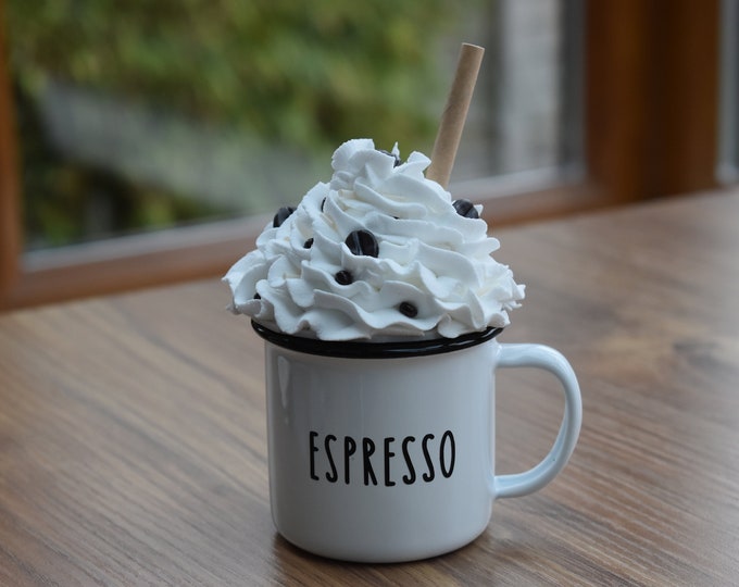 Mini espresso mug and faux whipped cream topper, Coffee tiered tray decor, Coffee Rae Dunn decor, farmhouse coffee decor, Coffee station