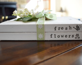 Fresh Flowers Stamped Decorative Book Stack Farmhouse Rustic Shabby Spring Green Pastel Blooms Handmade Home Decor Sign Personalised Gift