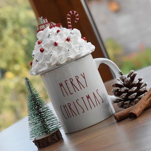 Christmas mug with faux whipped cream topper, Farmhouse Christmas tiered tray decor, Hot cocoa station decor, Personalised Christmas gifts