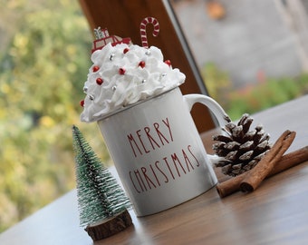 Christmas mug with faux whipped cream topper, Farmhouse Christmas tiered tray decor, Hot cocoa station decor, Personalised Christmas gifts