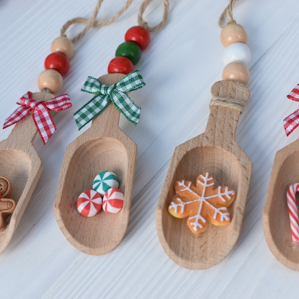 Christmas mini wooden scoop, Christmas tier tray, Christmas kitchen canister beads, Farmhouse Christmas beads, Hot chocolate station