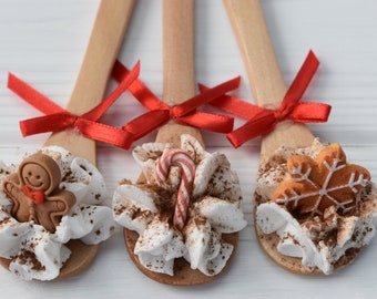 Christmas faux whipped cream spoons, Hot chocolate station decor, Christmas tiered tray decor, Farmhouse Christmas kitchen decor gifts