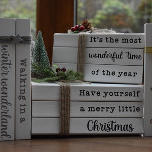 Christmas book stack, Personalised Christmas decor, White decorative books, Farmhouse Christmas decor, Rustic bookshelf decor, Festive gifts