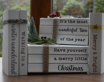 Christmas book stack, Personalised Christmas decor, White decorative books, Farmhouse Christmas decor, Rustic bookshelf decor, Festive gifts